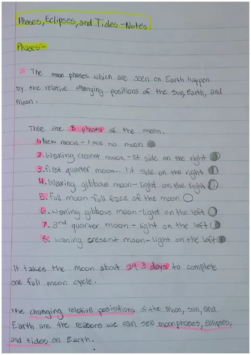 Phases, Eclipses, and Tides -Notes
Phases-
The
moon phases which are seen on Earth happen
by the relative changing positions of the Sun, Ear
