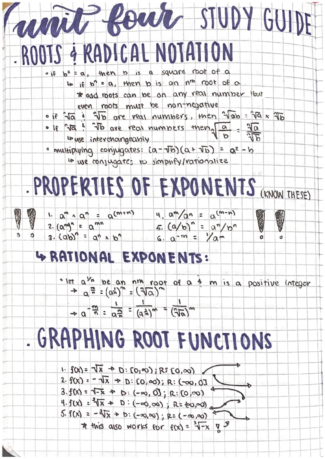 (unit four STUDY GUIDE
ROOTS & RADICAL NOTATION
• if b ² = a,
a square root of a
then b is
then b is an nth root of a
↳p if b = a,
odd roots