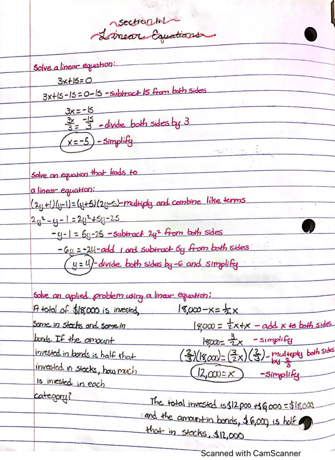 Sectional
Linear Equations.
Solve a linear equation:
3x+16=0
3x+15-15-0-15-subtract 15 from both sides
3x=-15
3x
3=
-35 - divide both sides 