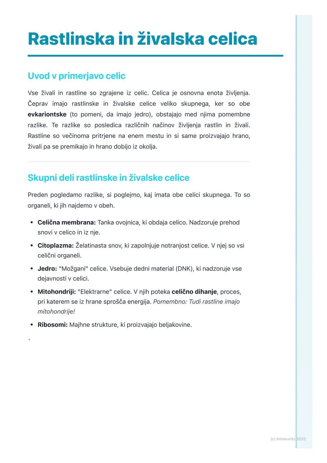 # Rastlinska in živalska celica

## Uvod v primerjavo celic

Vse živali in rastline so zgrajene iz celic. Celica je osnovna enota življenja.