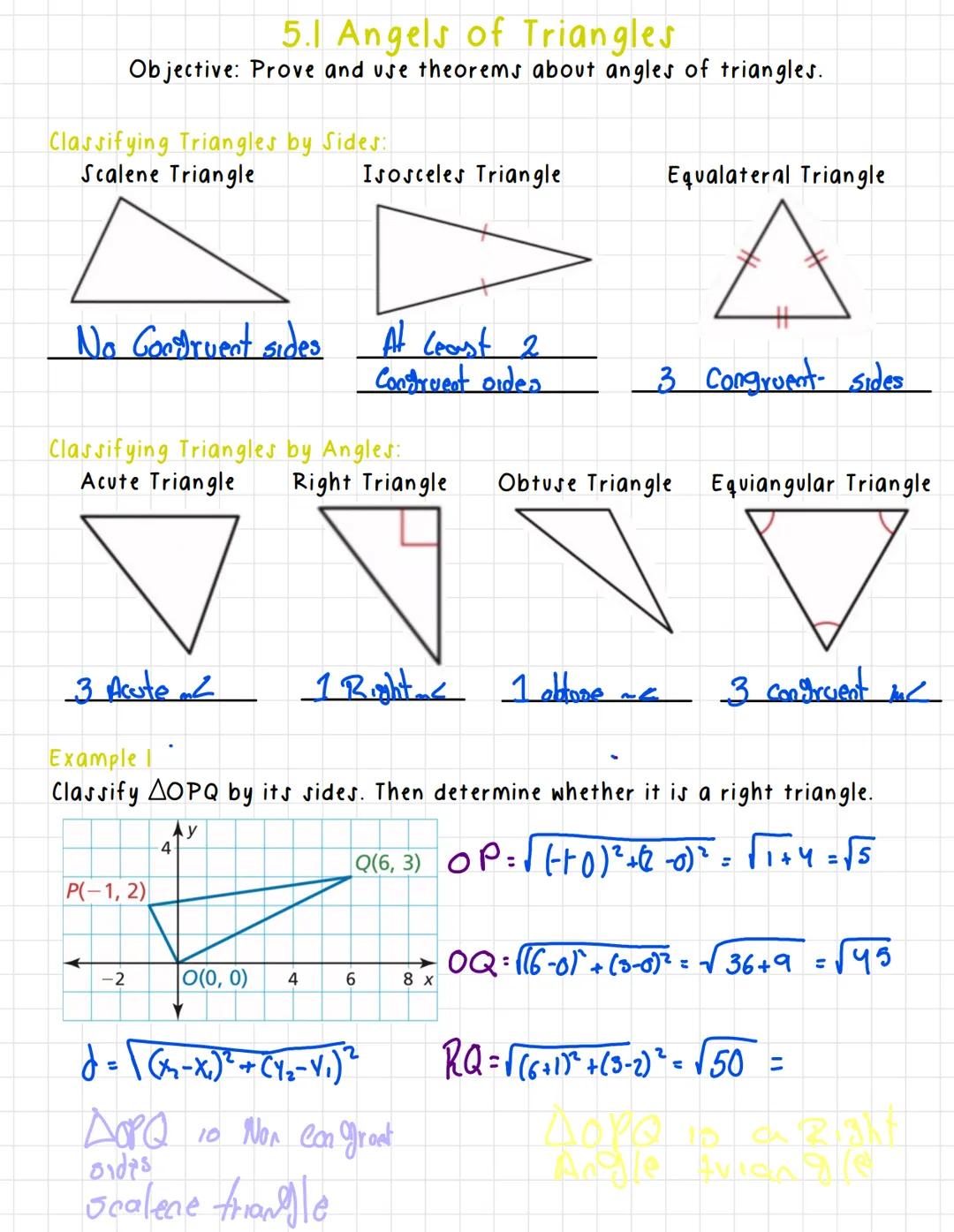 5.1 Angels of Triangles
Objective: Prove and use theorems about angles of triangles.
Classifying Triangles by Sides:
Scalene Triangle
Isosce