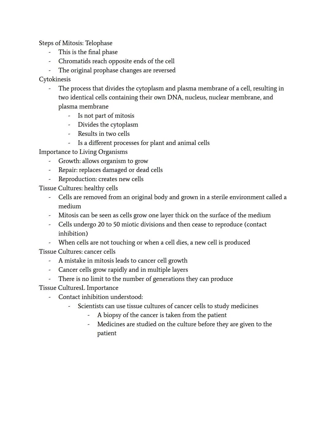 Mitosis
Cell Cycle
Interphase
Gl: Gap phase 1 (growth)
S: Synthesis (DNA duplication)
G2: Gap phase 2 (growth)
Mitosis
Mitosis
The process o