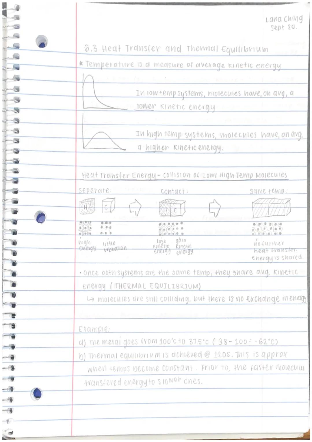 Lana ching
Sept 20.

6.3 Heat Transfer and Thermal Equilibrium
*Temperature is a measure of average kinetic energy

In low temp systems, mol