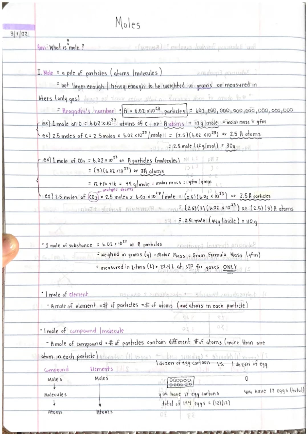 3/1/22
Aum: What is mole?
I. Mole = a pile of particles (atoms [molecules)
erudoupit presuntas
= not larger enough | heavy enough to be weig