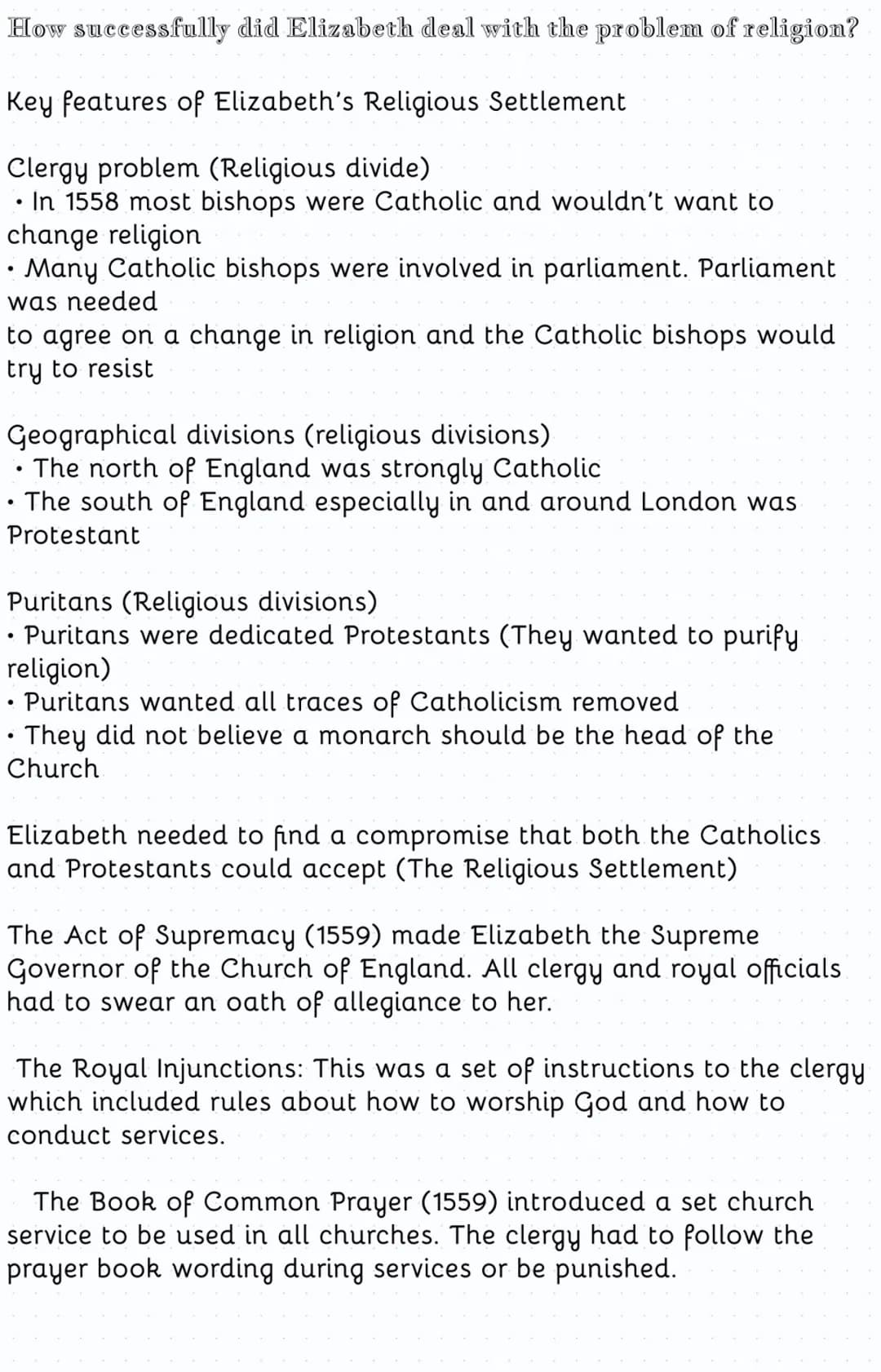 How successfully did Elizabeth deal with the problem of religion?
Key features of Elizabeth's Religious Settlement
Clergy problem (Religious
