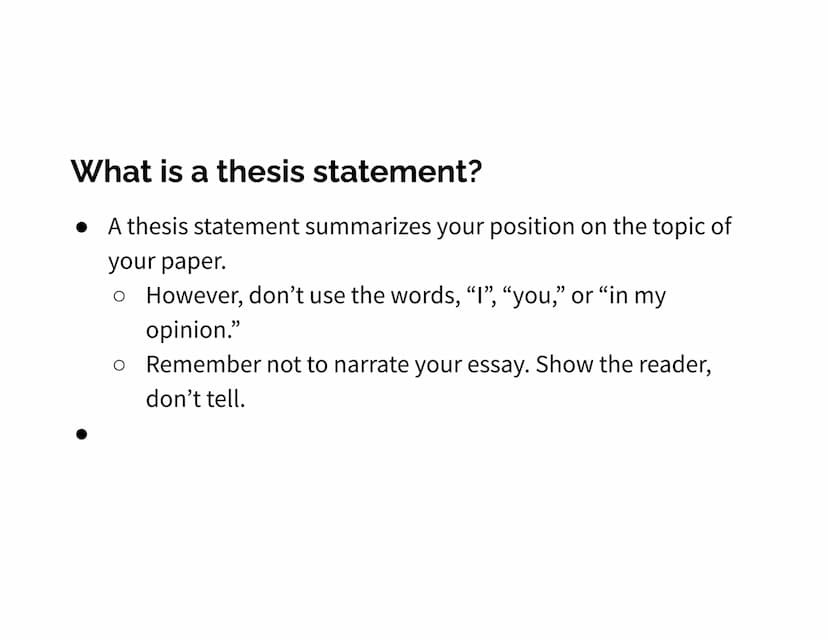 How to write a Thesis
Statement What is a thesis statement?
• A thesis statement summarizes your position on the topic of
your paper.
o Howe