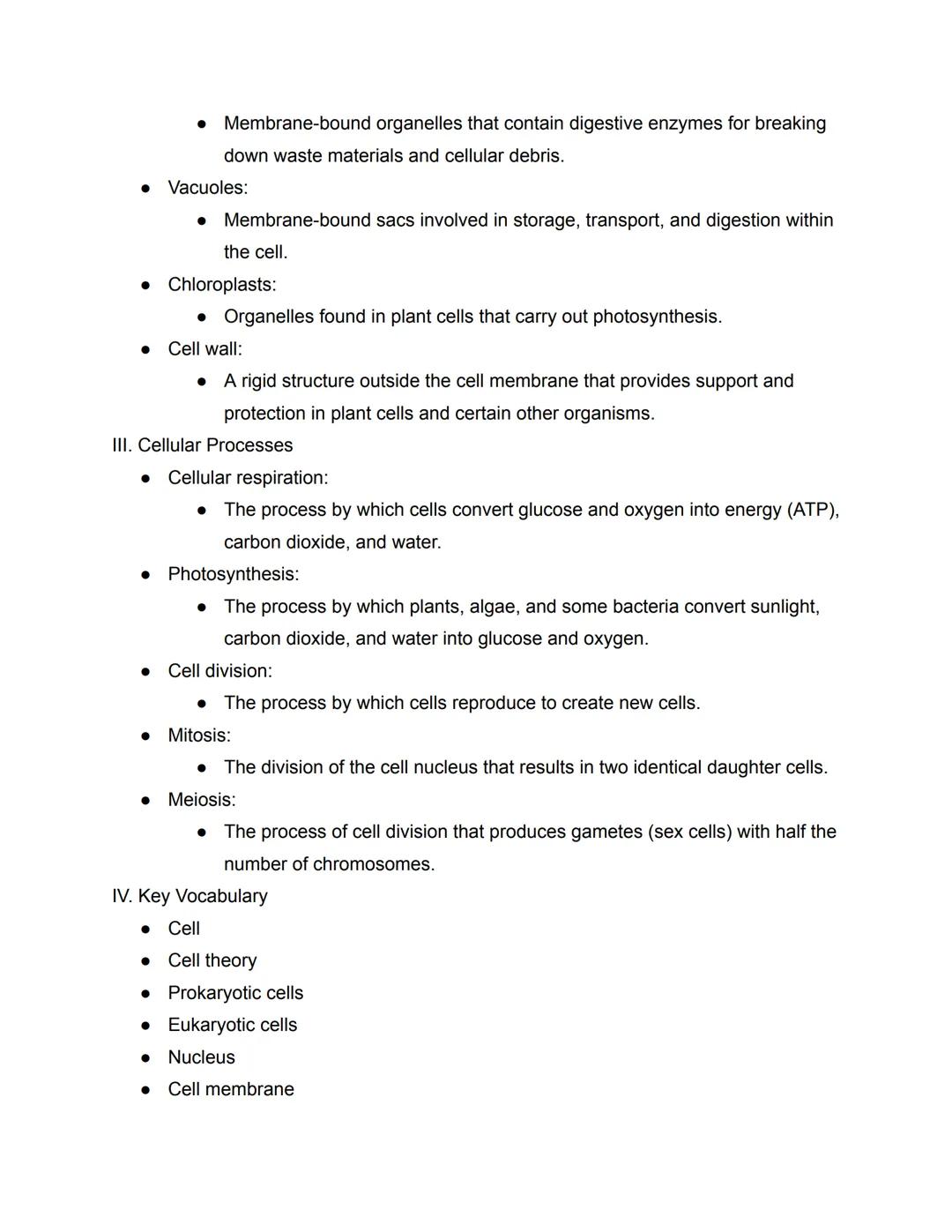 Lesson 1: Cell Structure and Function
I. Introduction to Cells
Cell:
●
●
● The basic unit of life.
• Prokaryotic cells:
●
Cell theory:
The f