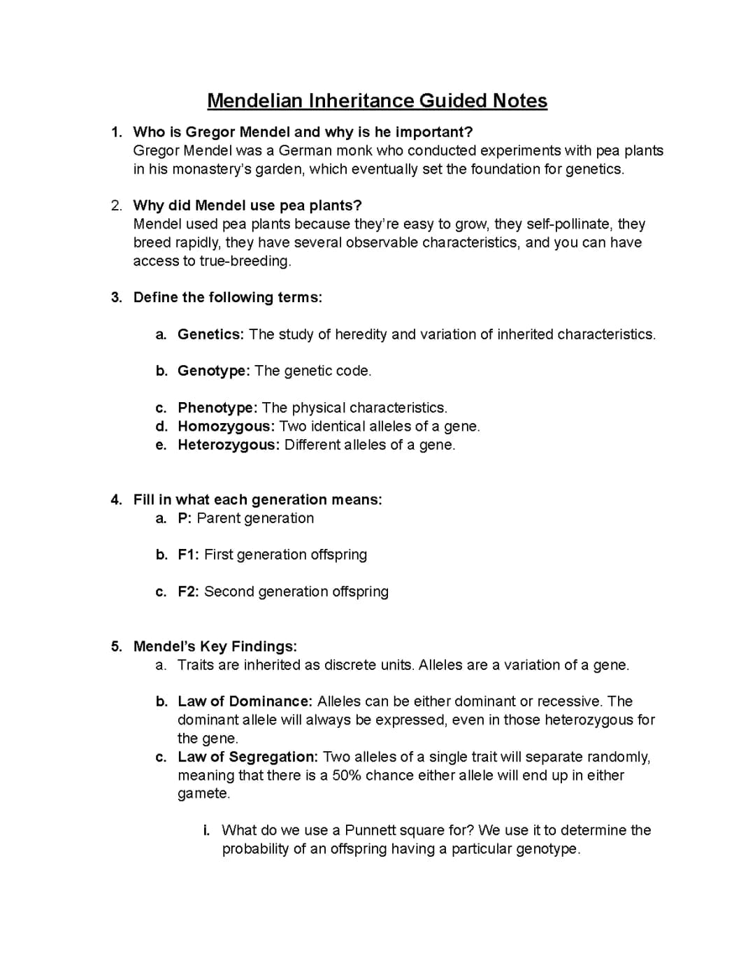 Mendelian Inheritance Guided Notes