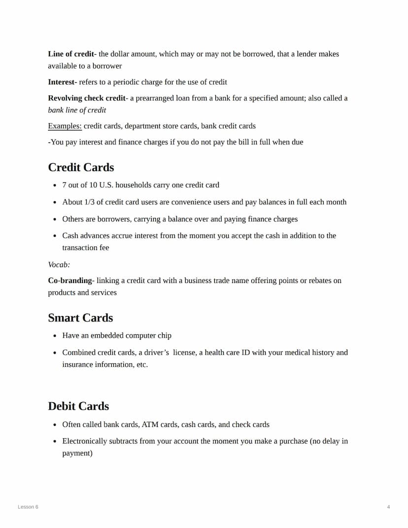 Lesson 6
Lesson 6
Objectives:
1. Define consumer credit and analyze its advantages and disadvantages
2. Differentiate among various types of