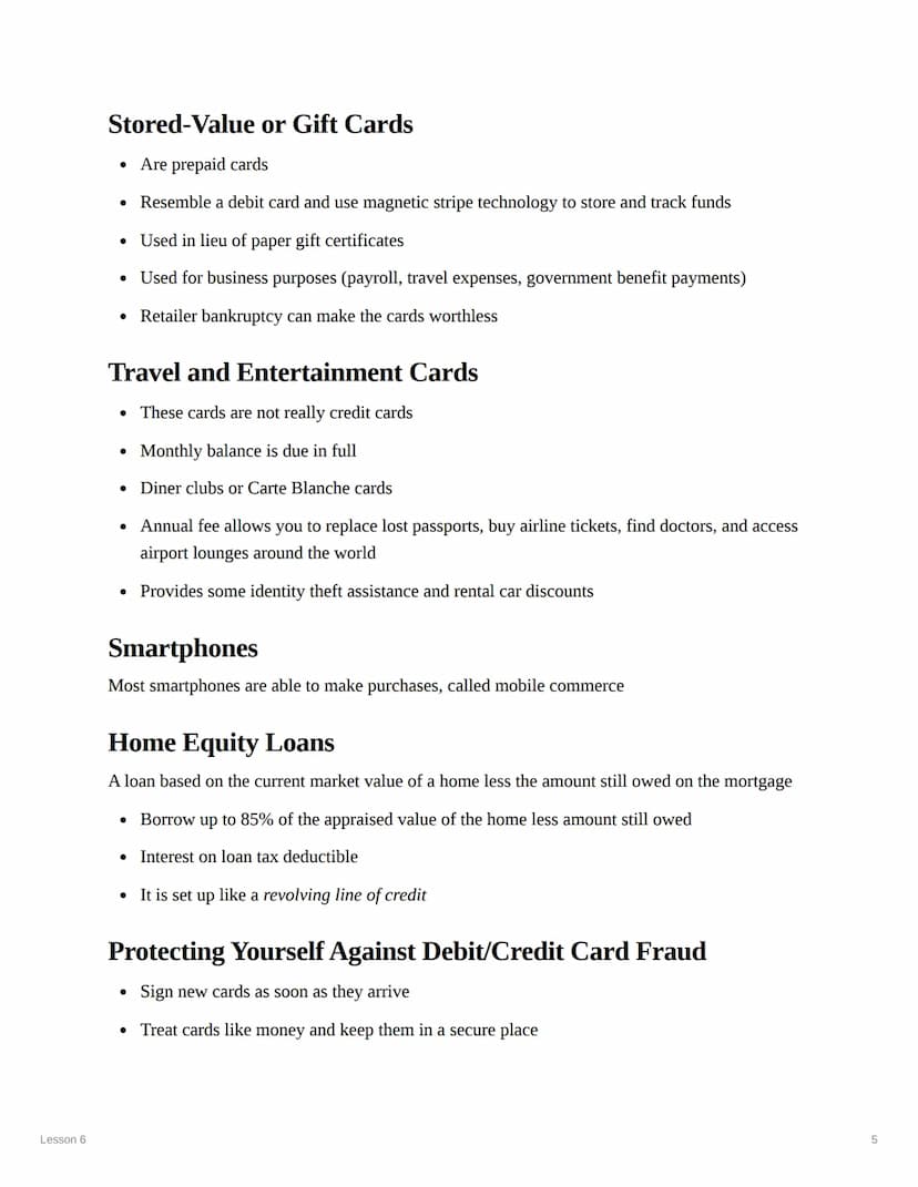 Lesson 6
Lesson 6
Objectives:
1. Define consumer credit and analyze its advantages and disadvantages
2. Differentiate among various types of