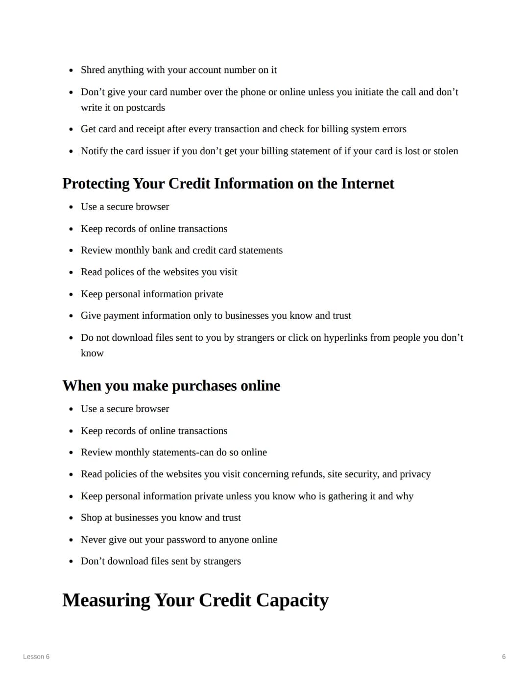 Lesson 6
Lesson 6
Objectives:
1. Define consumer credit and analyze its advantages and disadvantages
2. Differentiate among various types of