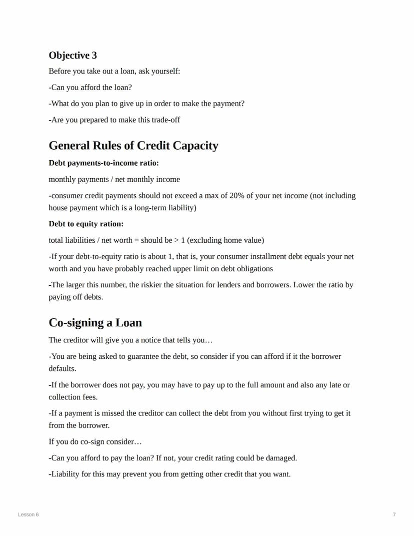 Lesson 6
Lesson 6
Objectives:
1. Define consumer credit and analyze its advantages and disadvantages
2. Differentiate among various types of