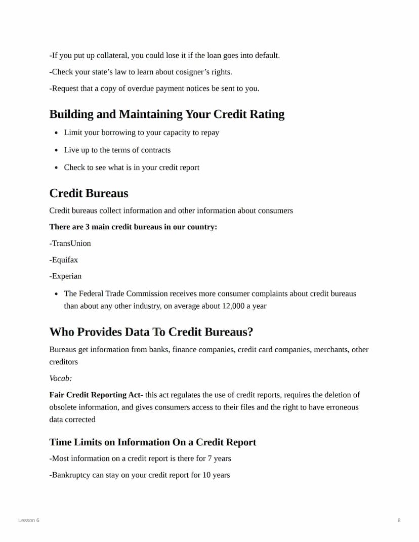 Lesson 6
Lesson 6
Objectives:
1. Define consumer credit and analyze its advantages and disadvantages
2. Differentiate among various types of