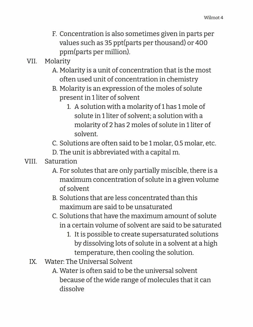 Chemistry
Solutions Notes
I. Solutions
Wilmot 1
A. Solutions are also known as homogeneous mixtures
B. Solutions form when two or more compo