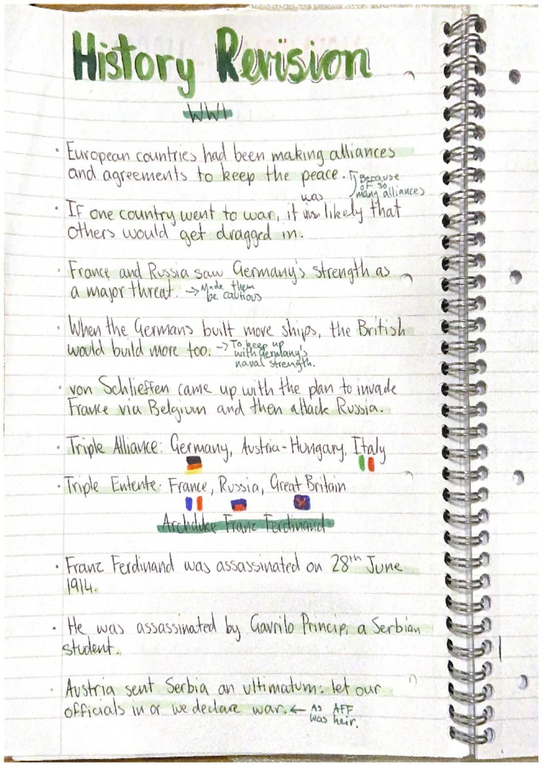 History Revision
WW
European countries had been making alliances
and agreements to keep the peace. Tygepause
•If one country went to war, it