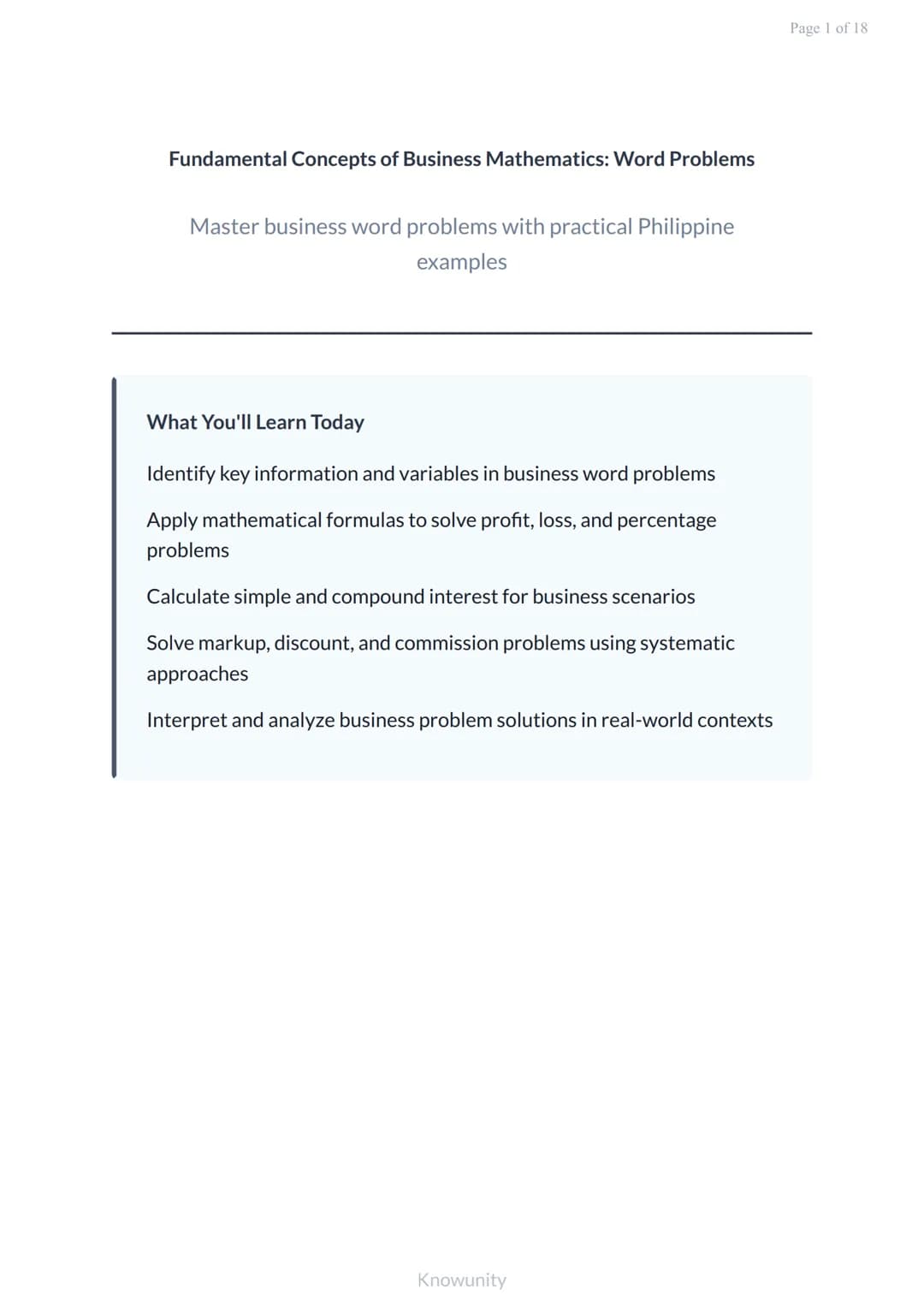 Fundamental Concepts of Business Mathematics: Word Problems
Master business word problems with practical Philippine
examples
What You'll Lea