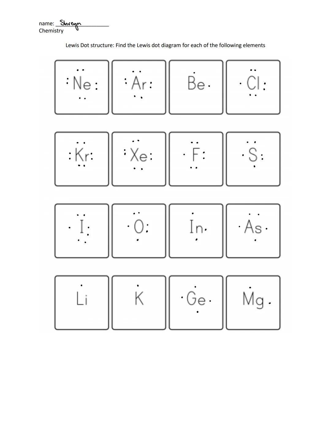 Shreya
name:
Chemistry
Lewis Dot structure: Find the Lewis dot diagram for each of the following elements
: Ne:
:Kr:
: Är:
Xe:
0:
K
Be.
F:
: