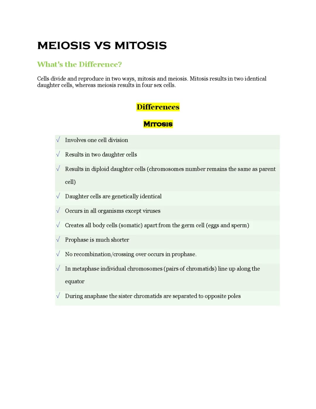 Meiosis vs Mitosis