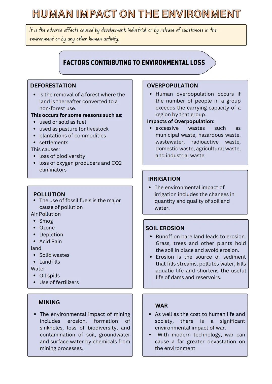 HUMAN IMPACT ON THE ENVIRONMENT
It is the adverse effects caused by development, industrial, or by release of substances in the
environment 