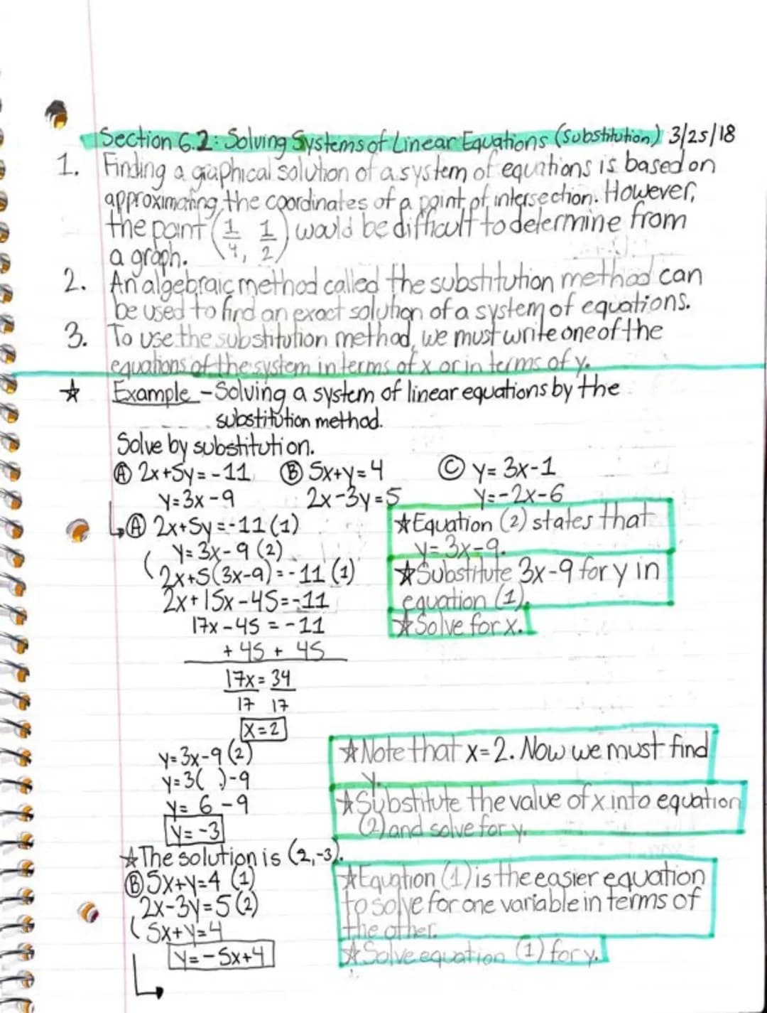 Section 6.2: Solving Systems of Linear Equations (substitution) 3/25/18
1. Finding a graphical solution of a system of equations is based on
