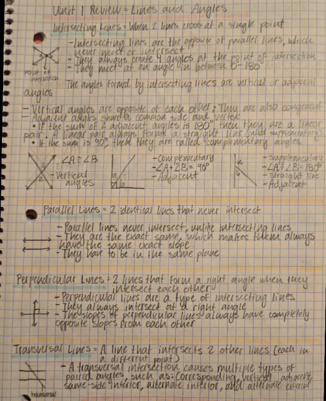 --- OCR Start ---
Unit | Review = Lines and Angles
Intersecting Lines = When 2 lines cross at a single point
-Intersecting lines are the opp