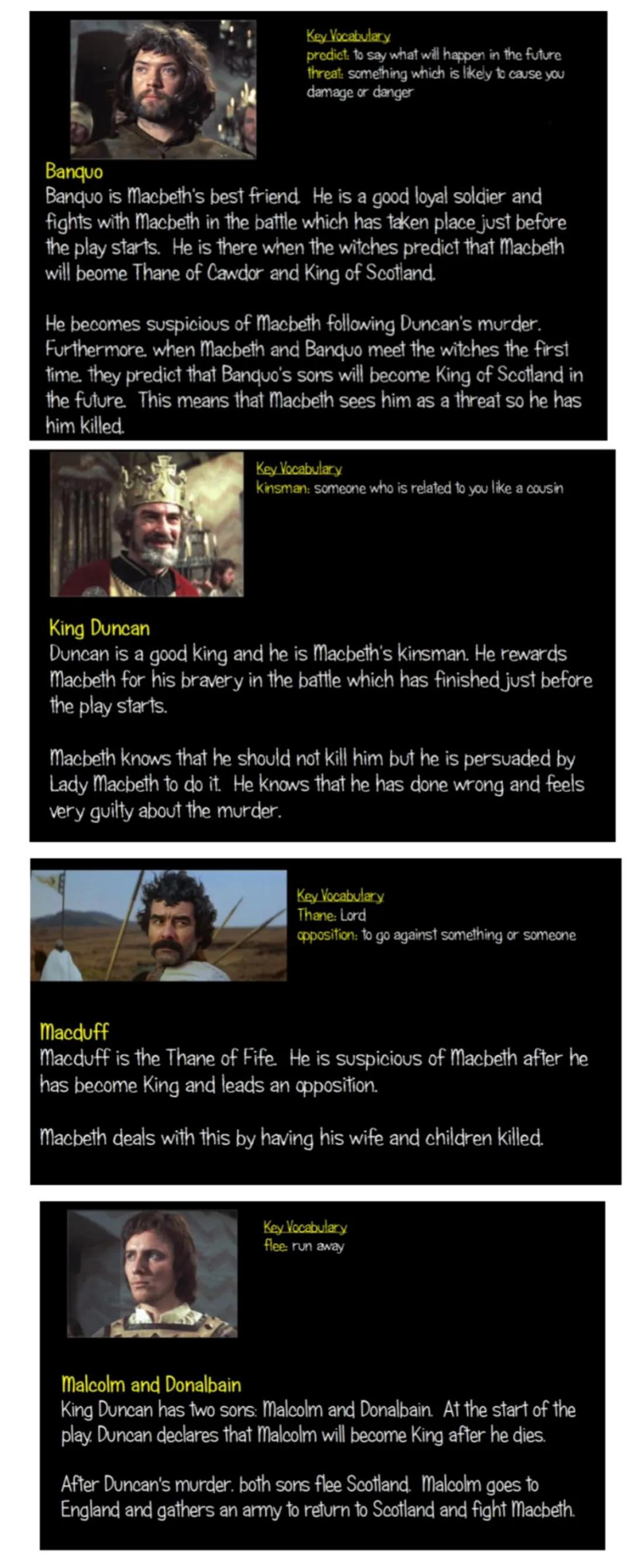 Key Vocabulary
prophesy: a prediction about the future
Thane: Lord

# The Three Witches
The three witches open the play.
They meet Macbeth o