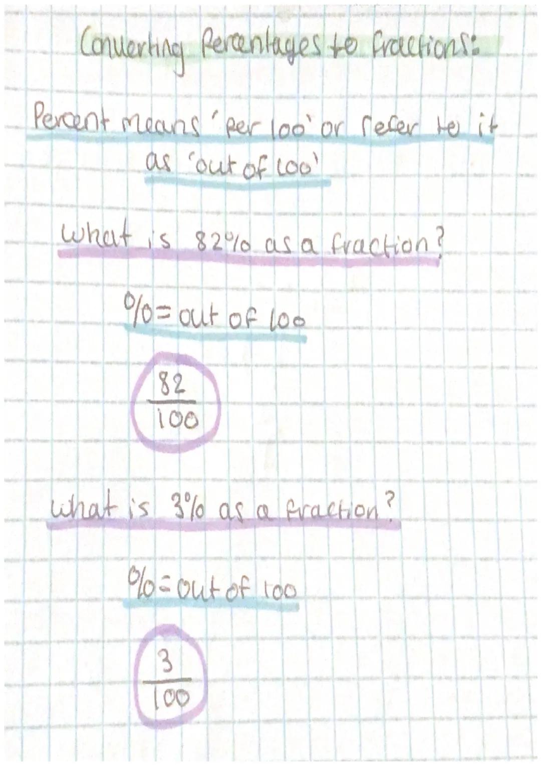 Converting Percentages to fractions:
Percent means per loo' or refer to it.
as 'out of loo
what is 82% as a fraction?
%= out of 100
82
100
w