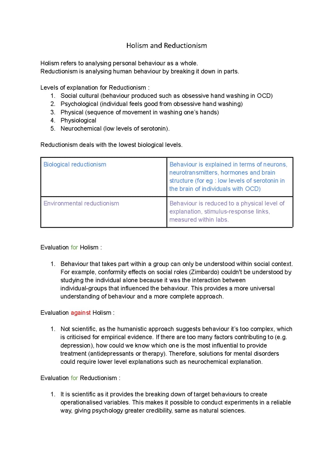 Understanding Levels of Explanation in Psychology - A Discussion on Reductionism