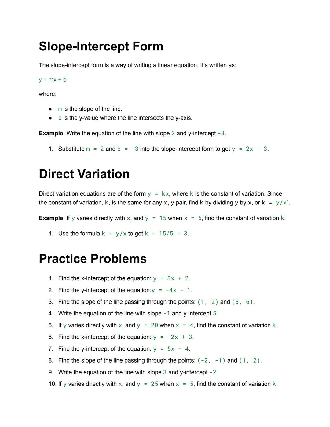 # Intercepts & Slope

## X-Intercept

The x-intercept is the point where the line crosses the x-axis. At this point, the y-coordinate is
zer