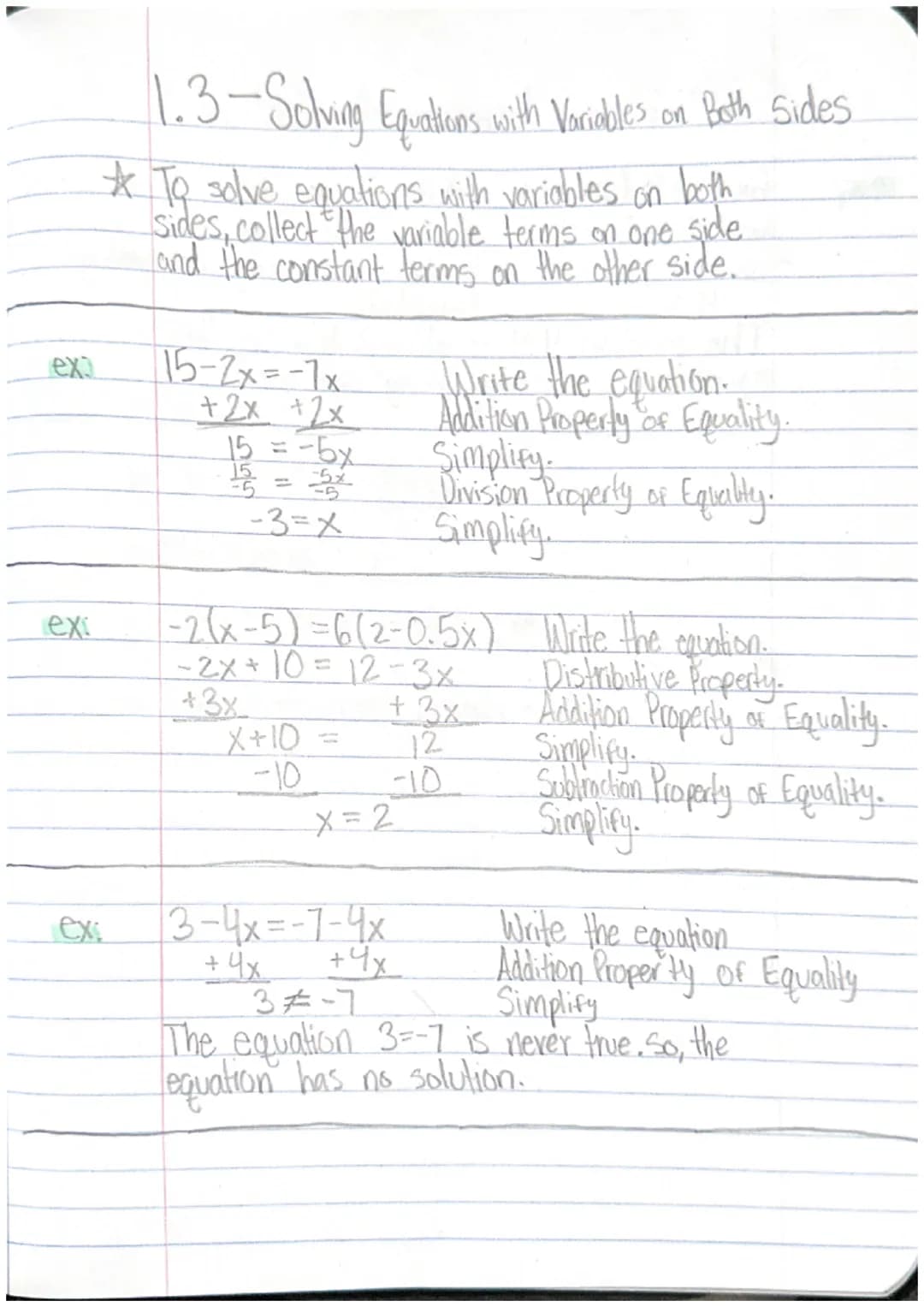 ex
ex
1.3-Solving Equations with Variables on Both Sides
* To solve equations with variables on both
sides, collect the variable terms on on