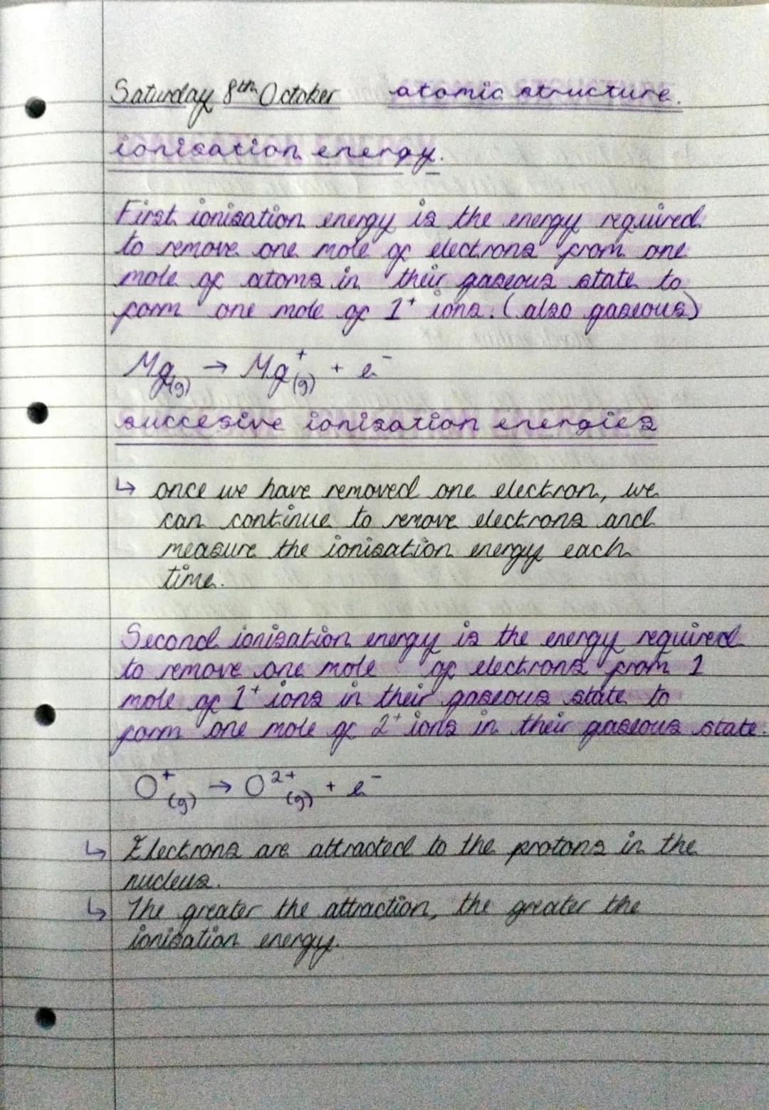 Saturday 8th Octoker
ionisation energy.
atomic structure.
First ionisation energy
to remove one mole
mole
of
atoms in
form one mole 1' iona.