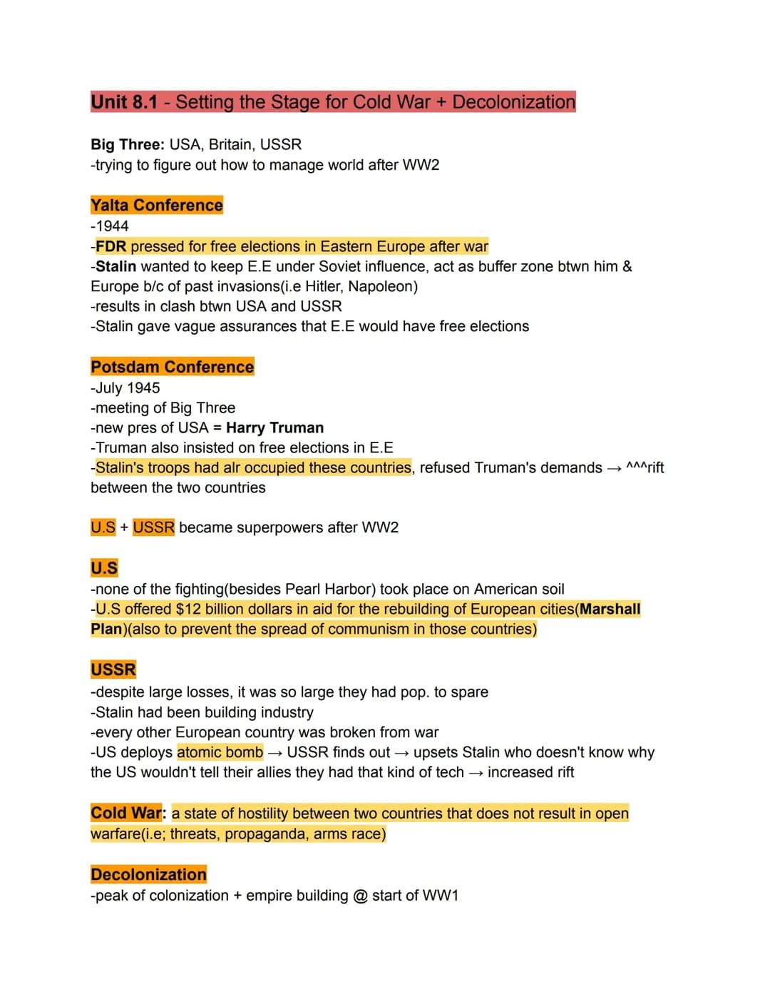 10th Grade AP World Unit 8 Notes: Cold War and Decolonization Study Guide