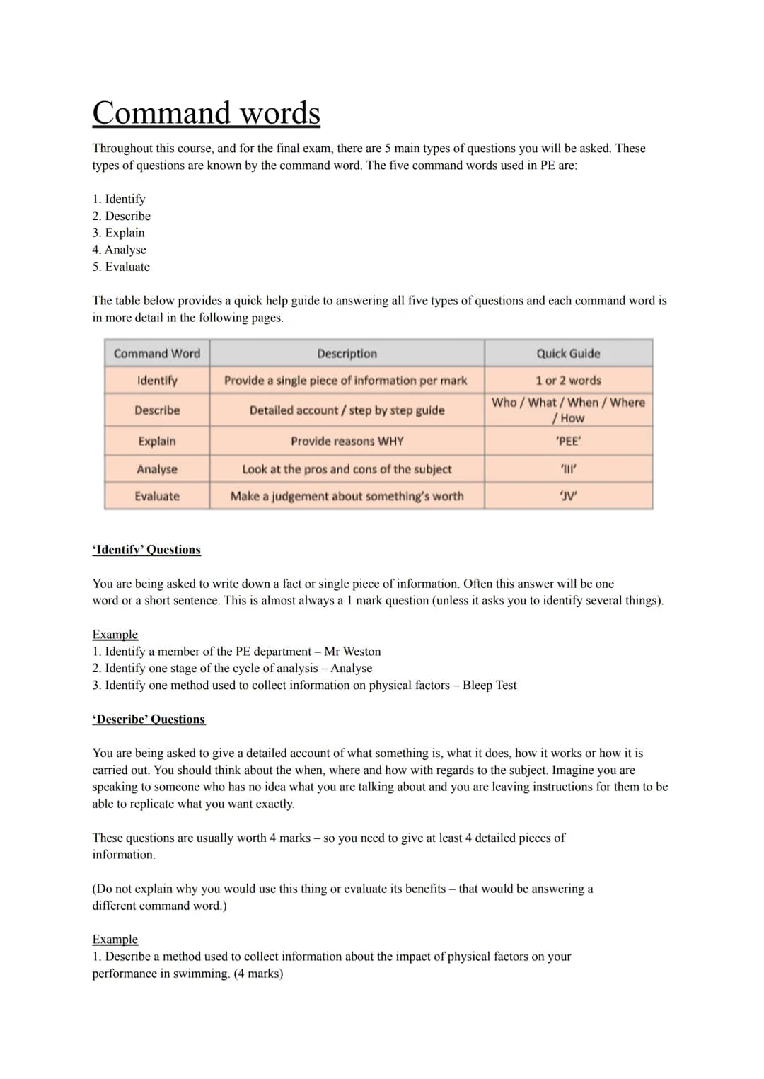 Command words
Throughout this course, and for the final exam, there are 5 main types of questions you will be asked. These
types of question
