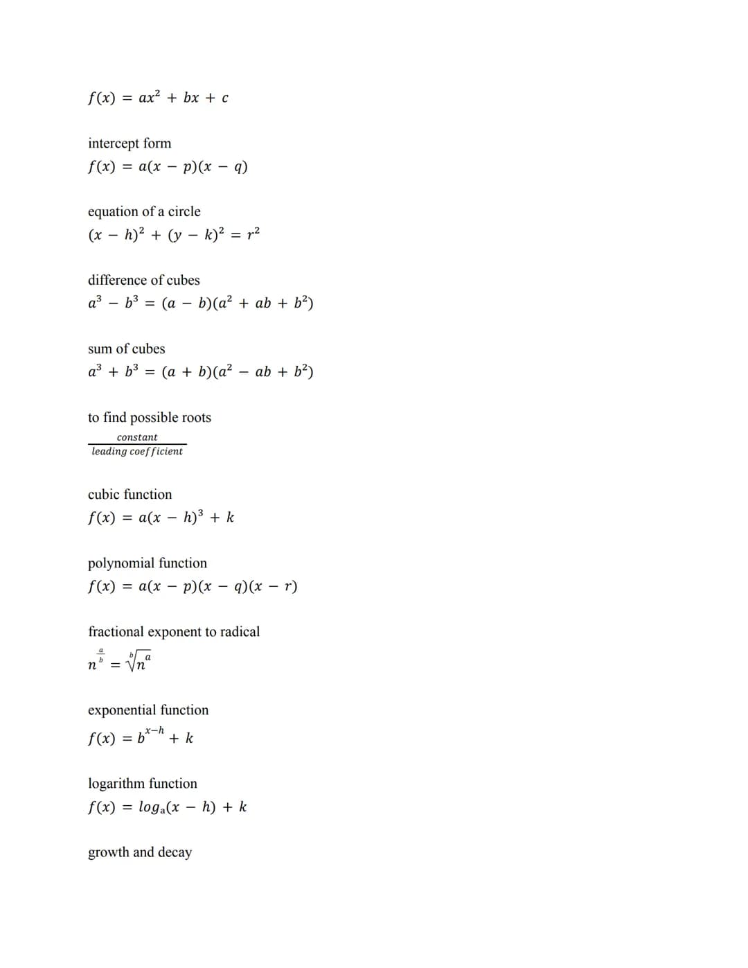 quadratic formula:
x =
-b+√b²-4ac
2a
to find axis of symmetry:
b
2a
to find vertex of quadratic in x intercept form
p+q
2
slope intercept
y 