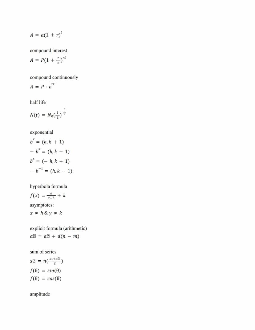 quadratic formula:
x =
-b+√b²-4ac
2a
to find axis of symmetry:
b
2a
to find vertex of quadratic in x intercept form
p+q
2
slope intercept
y 