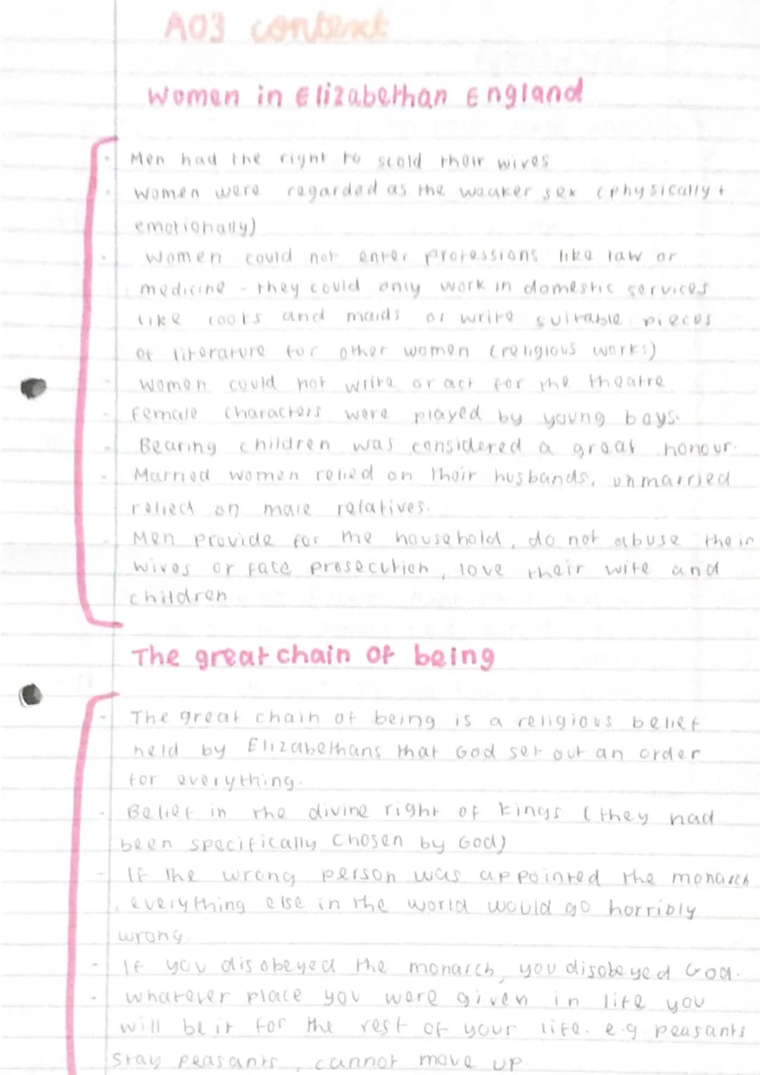 A03 content
Women in Elizabethan England
Men had the right to scold their wives
women were regarded as the weaker sex (physically +
emotiona