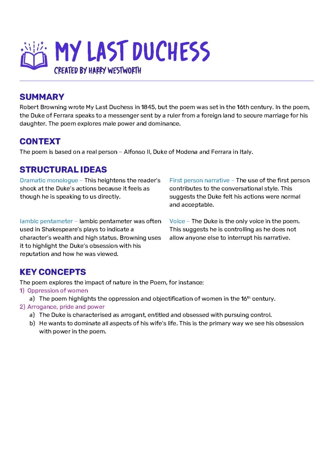 Summary Revision Notes for My Last Duchess PDF - Line by Line Analysis & Themes