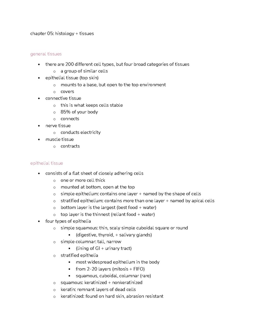 anatomy (BSCI 21010) histology + tissues notes
