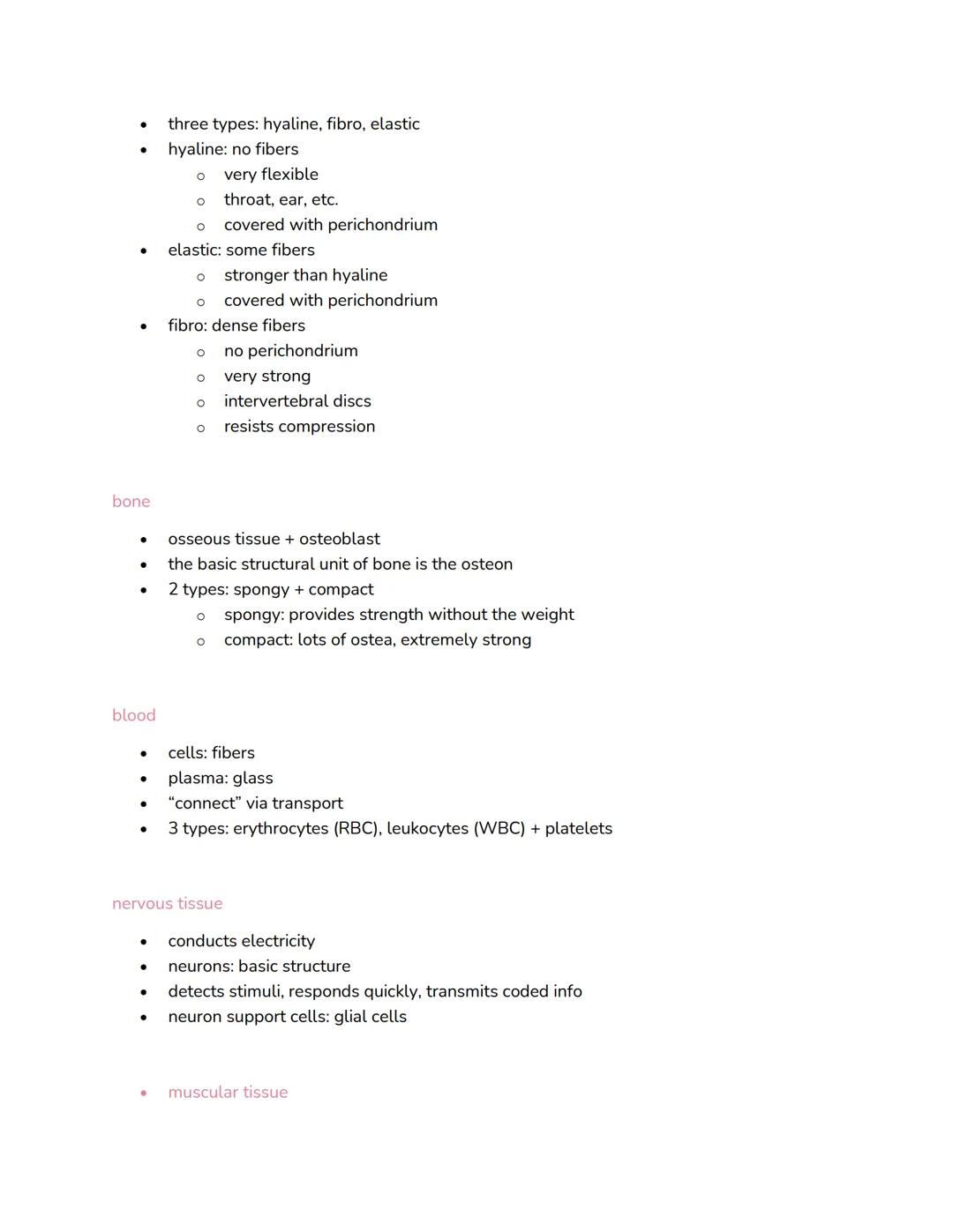 chapter 05: histology + tissues
general tissues
●
●
●
●
●
●
there are 200 different cell types, but four broad categories of tissues
O a gro