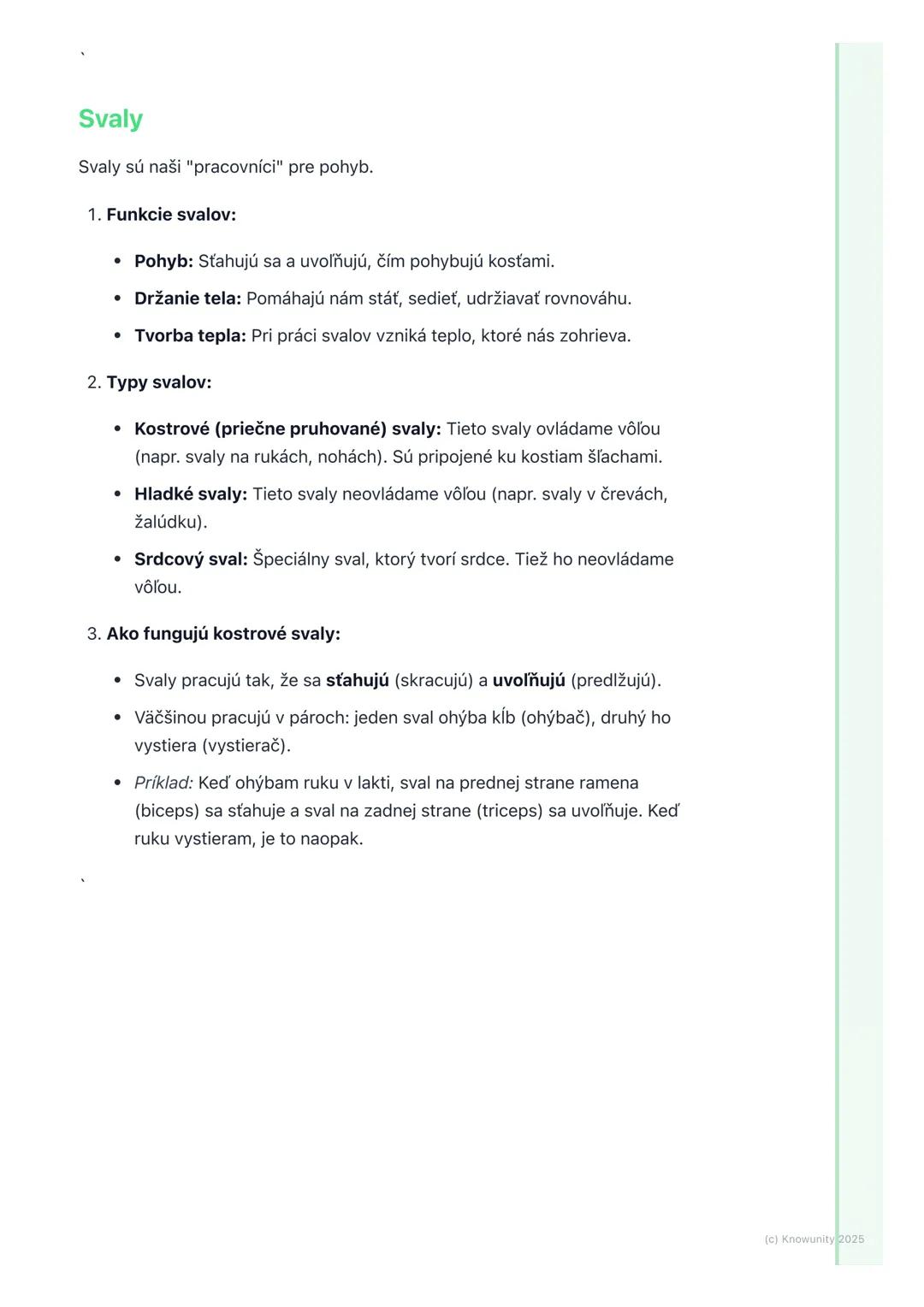 # Pohybová sústava (kosti a
svaly)

1. Prehľad pohybovej sústavy

Pohybová sústava je super dôležitá časť nášho tela, ktorá nám pomáha hýbať