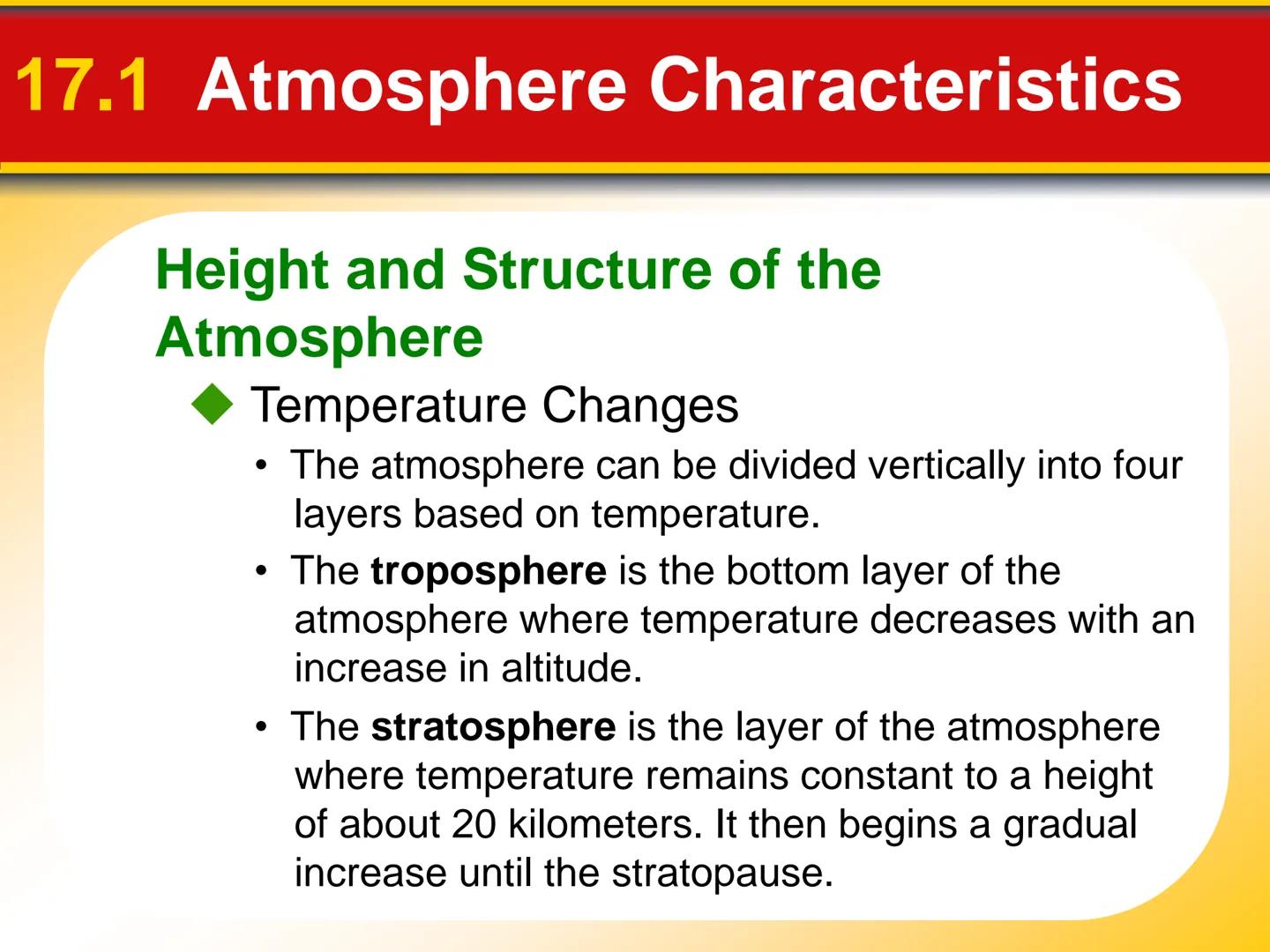 Chapter The Atmosphere: Structure
17 and Temperature 17.1 Atmosphere Characteristics
Composition of the Atmosphere
Weather is constantly cha