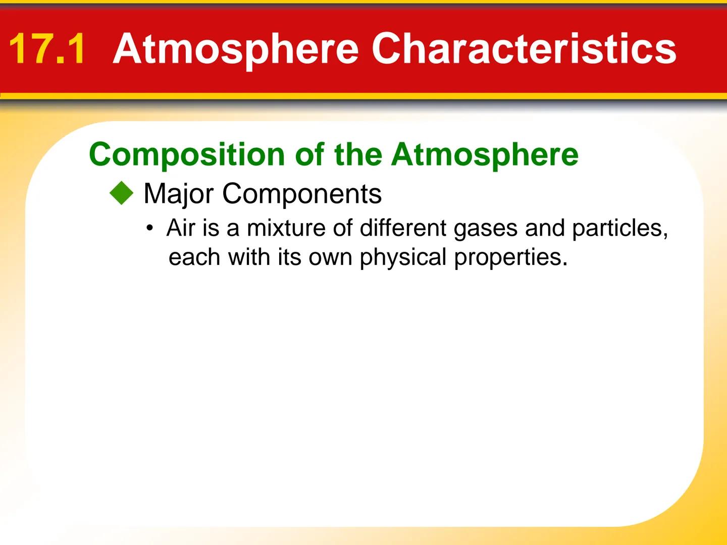 Chapter The Atmosphere: Structure
17 and Temperature 17.1 Atmosphere Characteristics
Composition of the Atmosphere
Weather is constantly cha