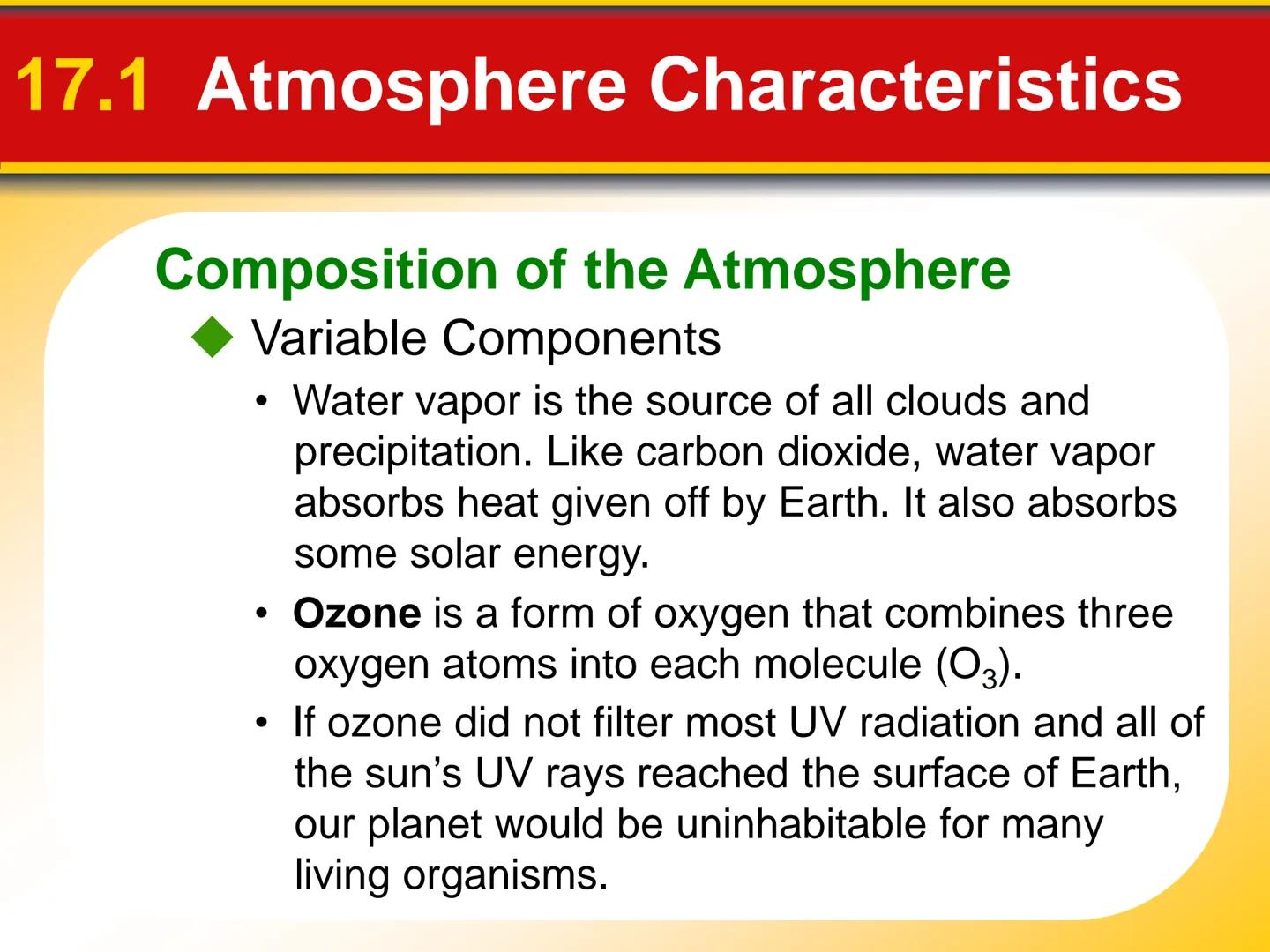 Chapter The Atmosphere: Structure
17 and Temperature 17.1 Atmosphere Characteristics
Composition of the Atmosphere
Weather is constantly cha
