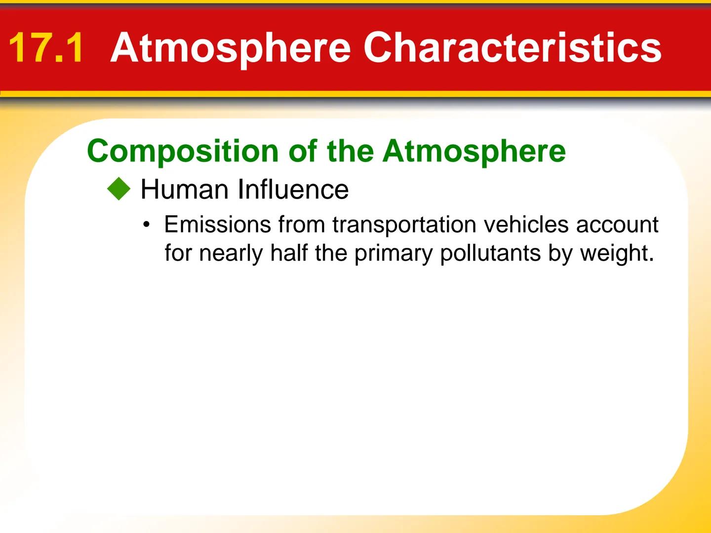 Chapter The Atmosphere: Structure
17 and Temperature 17.1 Atmosphere Characteristics
Composition of the Atmosphere
Weather is constantly cha