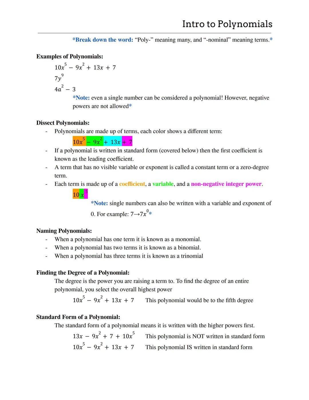 Introduction to Polynomials