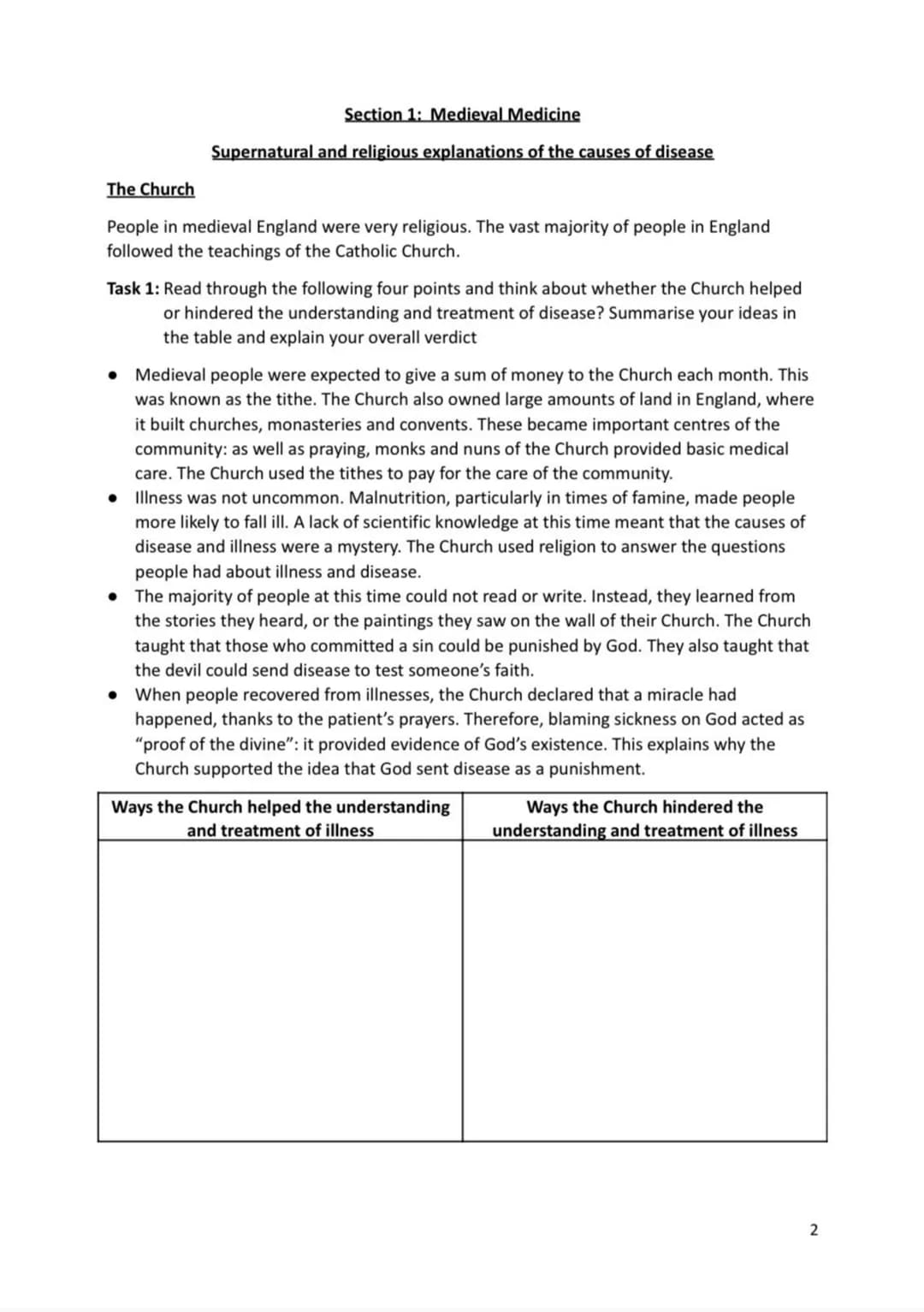 Name:
Medicine in Britain 1250-present day
Revision Activity Book
1 Section 1: Medieval Medicine
Supernatural and religious explanations of 