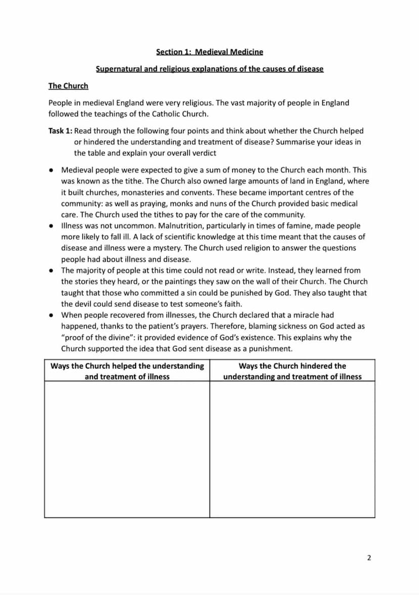 Name:
Medicine in Britain 1250-present day
Revision Activity Book
1 Section 1: Medieval Medicine
Supernatural and religious explanations of 