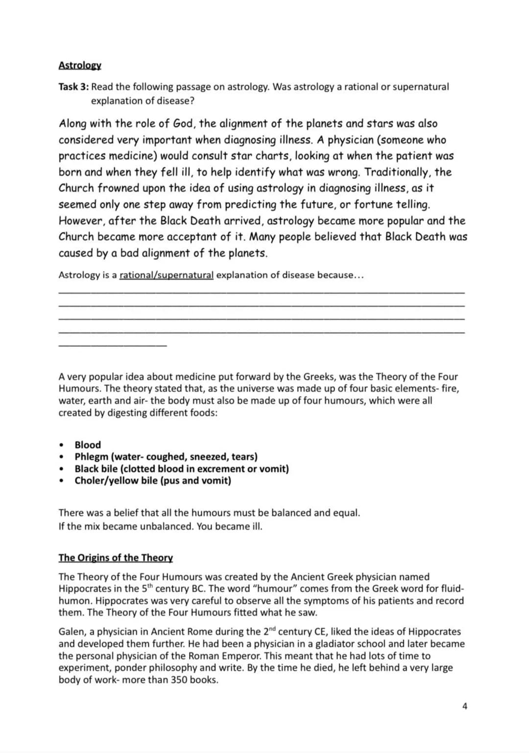Name:
Medicine in Britain 1250-present day
Revision Activity Book
1 Section 1: Medieval Medicine
Supernatural and religious explanations of 