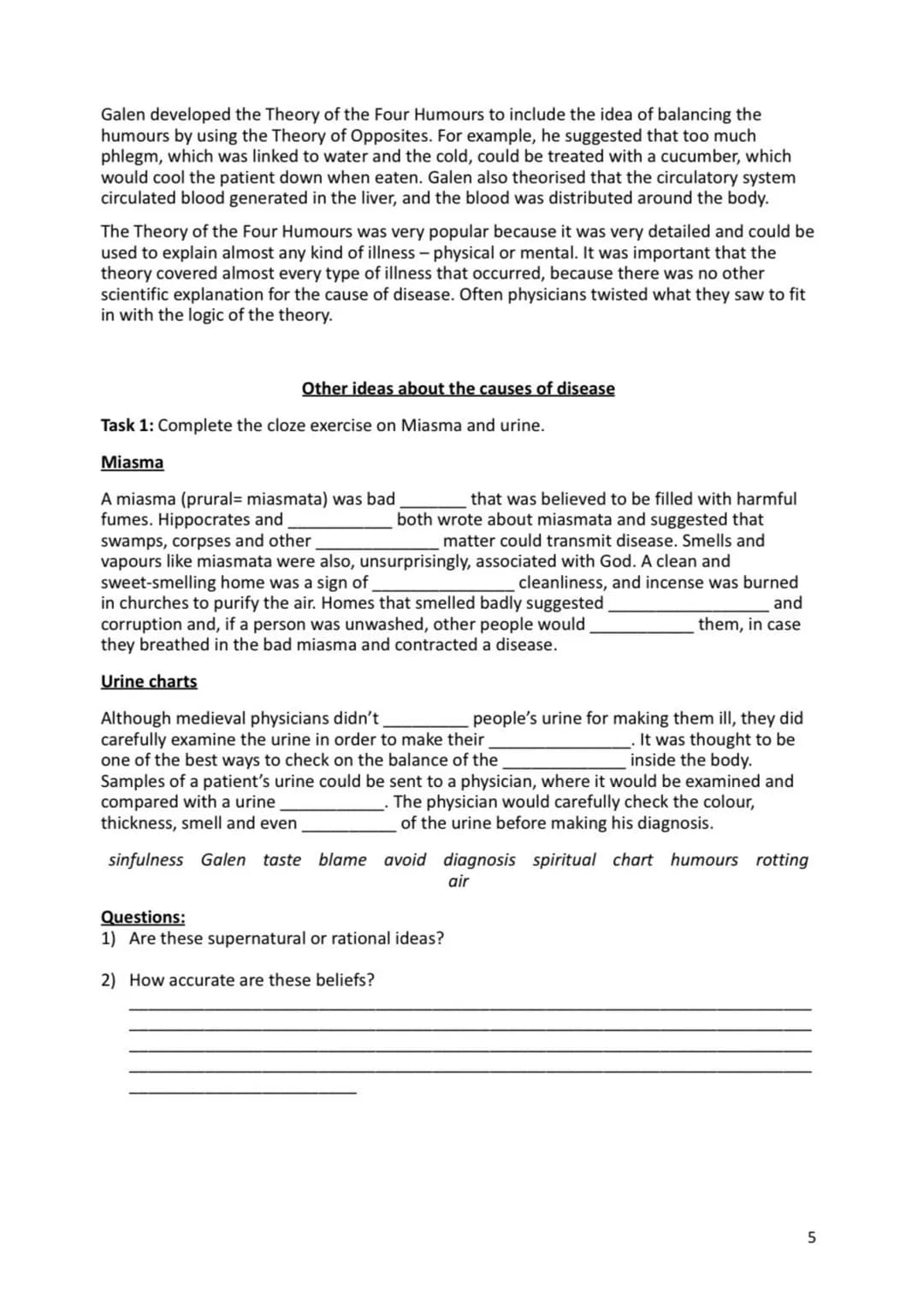 Name:
Medicine in Britain 1250-present day
Revision Activity Book
1 Section 1: Medieval Medicine
Supernatural and religious explanations of 
