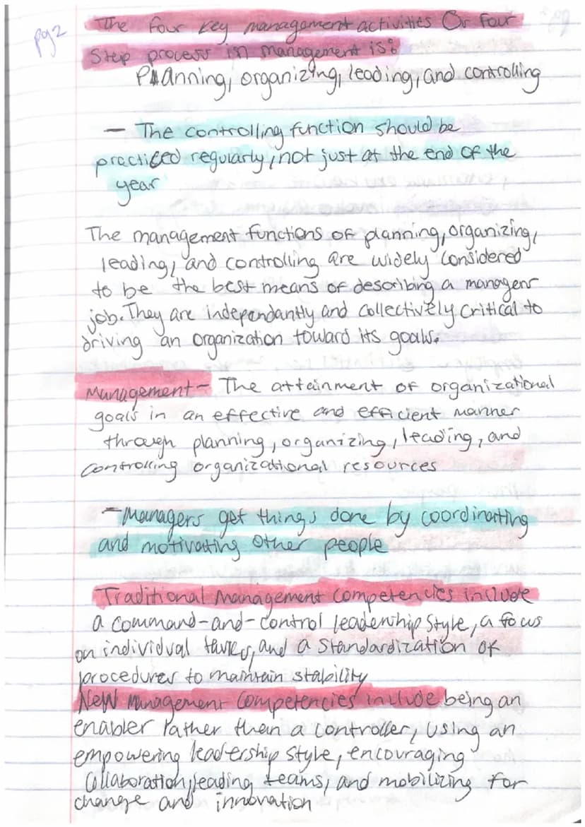 Pg1
Principles
OF
lanagement
Notes pg2
The four key management activities Or four of
Step process in management is?
Panning, organizing, lea